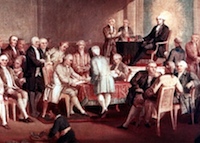 Detail from painging of the signing of the Constitution of the United States by Thomas P. Rossiter.  Please click on the link below to view and resize full image.